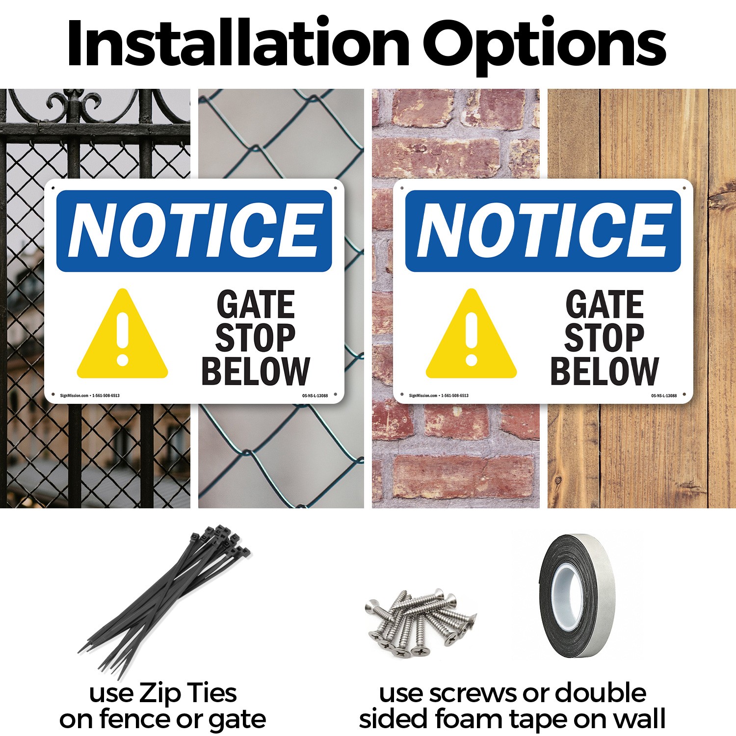 Gate Stop Below OSHA Notice Sign Metal, Plastic, Or Decal – 5 or 10 Pack