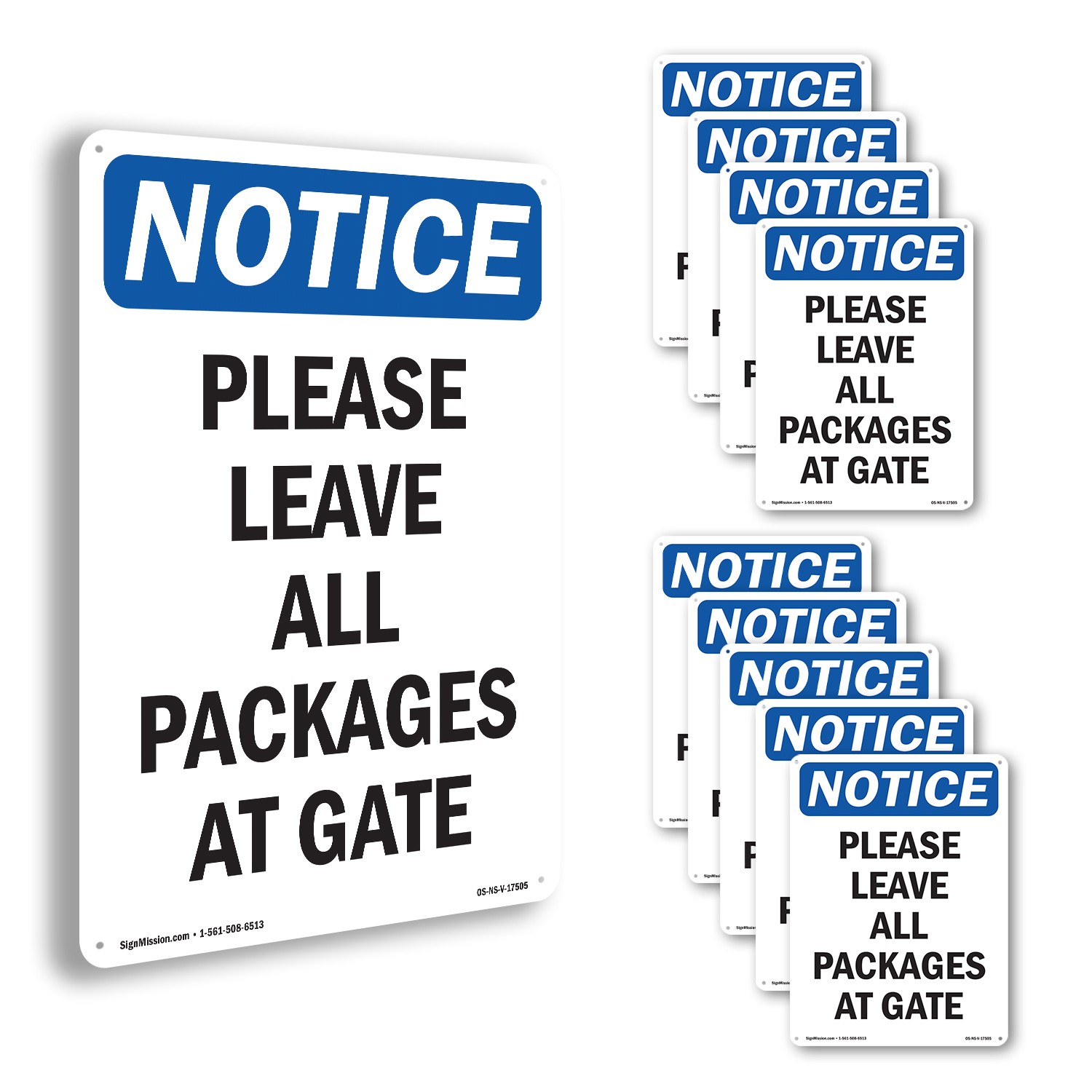 Please Leave All Packages At Gate OSHA Notice Sign Metal, Decal – 5 or 10 Pack