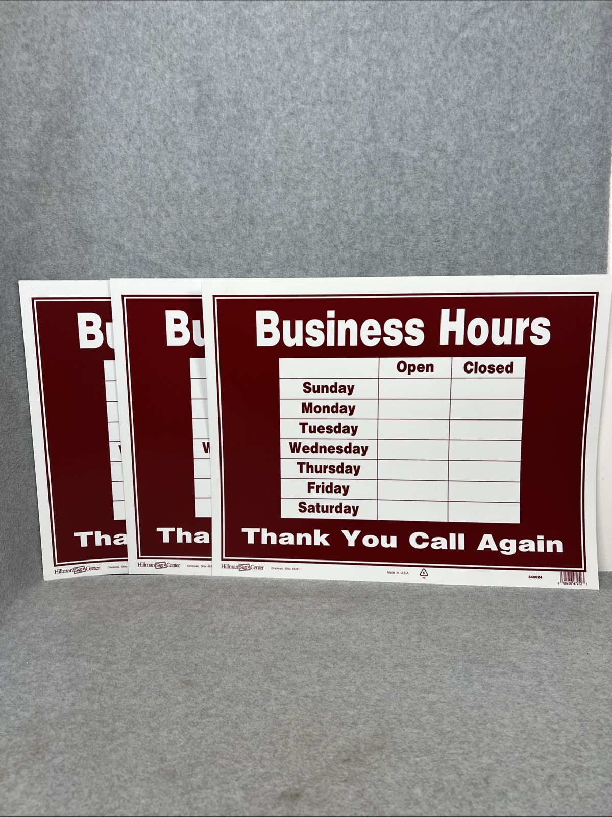 Lot of 3 Hillman 840024 Business Hours Signs Red & White 15″ x 19″ NEW
