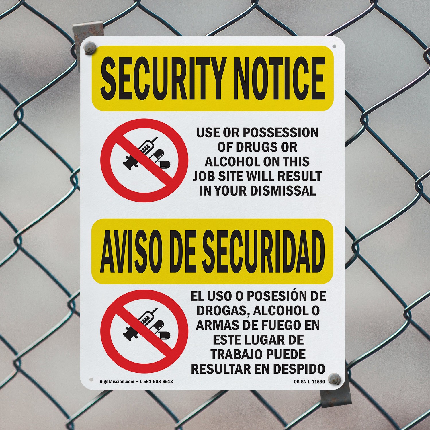 Drugs Or Alcohol Dismiss Bilingual OSHA Security Notice Sign, Decal 5 or 10 Pack