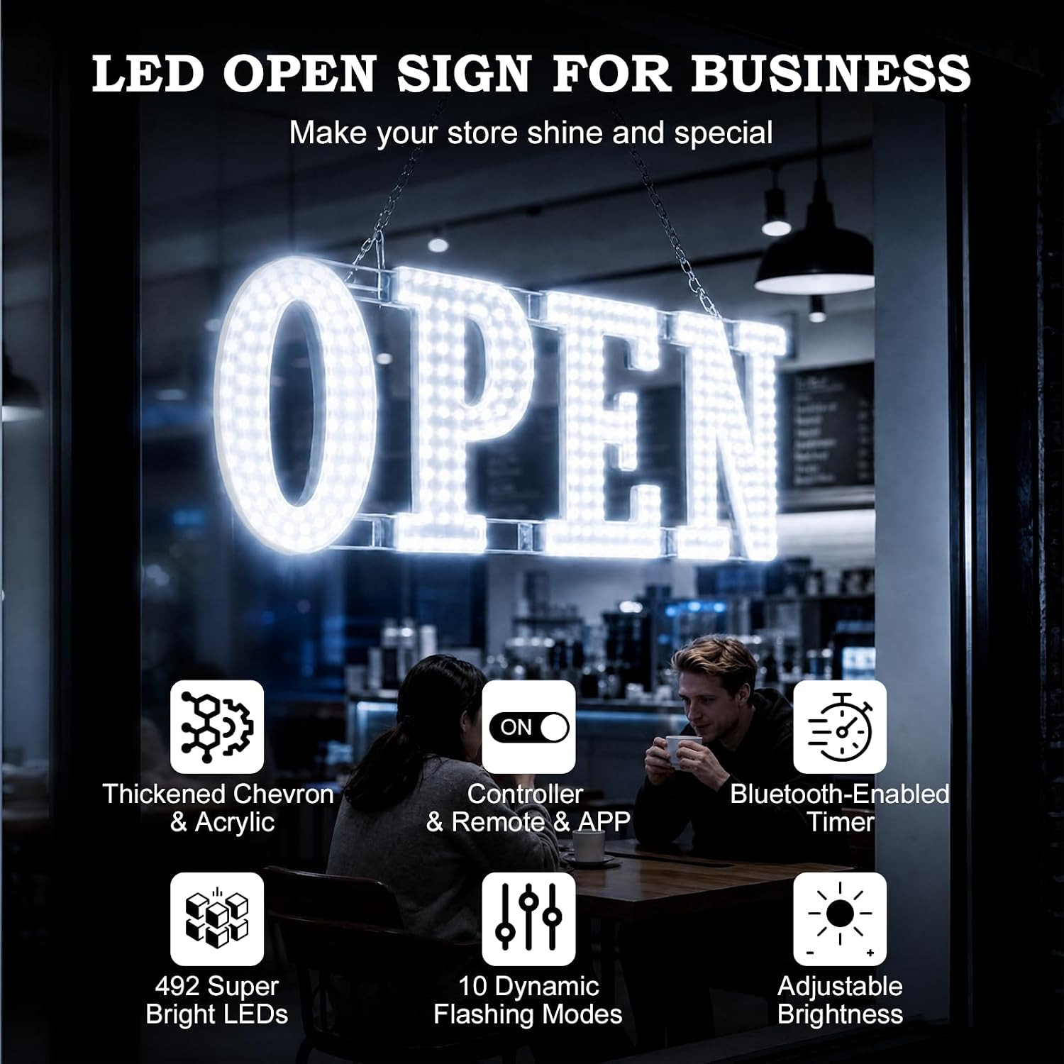 30″x10″ Smart LED Open Sign for Business, with APP & Remote Control | 10 Flashin