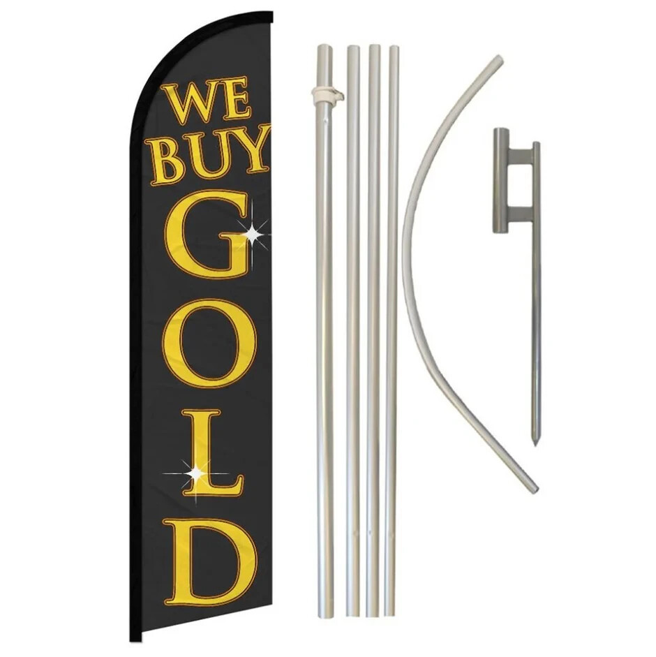We Buy Gold Windless Full Curve Advertising Banner Flag & Pole Kit (Black)
