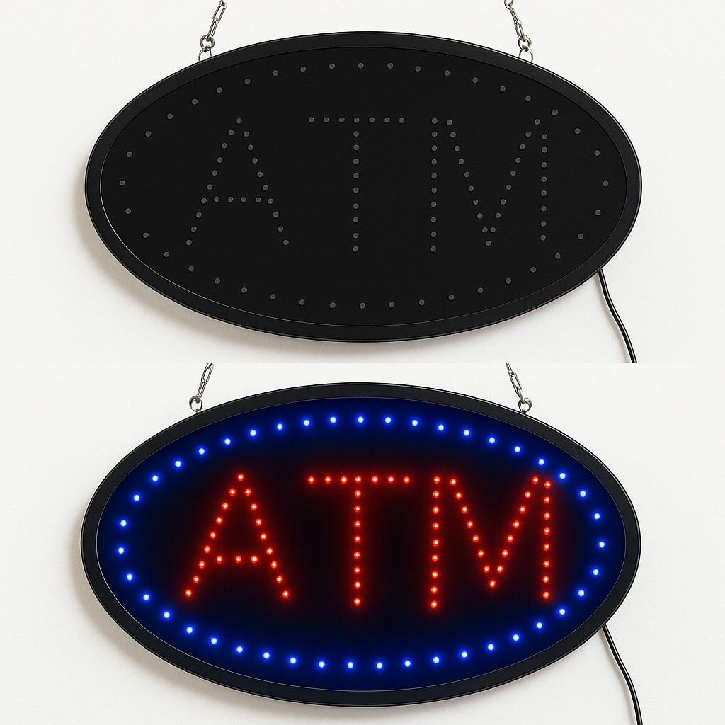 Jumbo Large 24″x13″ LED Neon Light Animated OVAL ATM Machine Open Sign 202