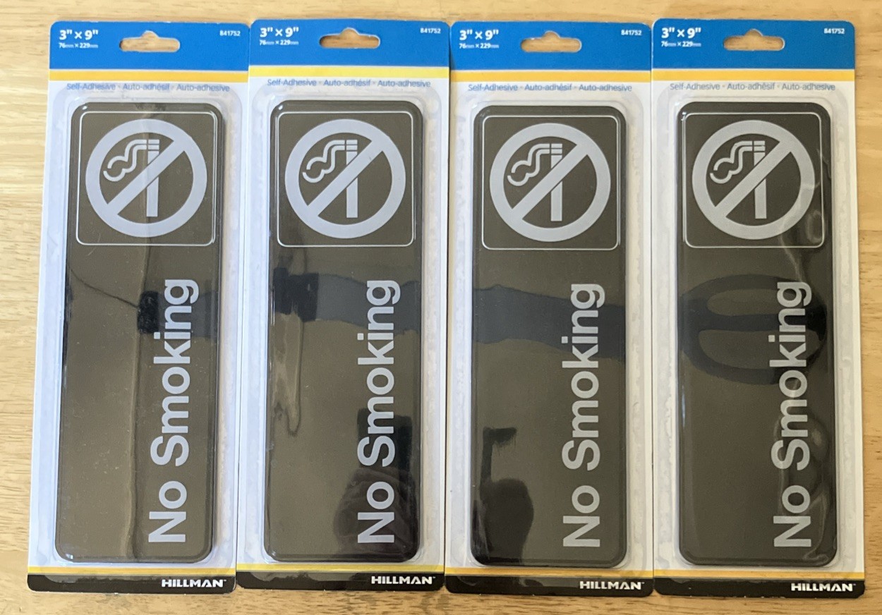 Lot of 4 Hillman NO SMOKING Sign 841752 3″x9″ Plastic Black White Symbol. (B