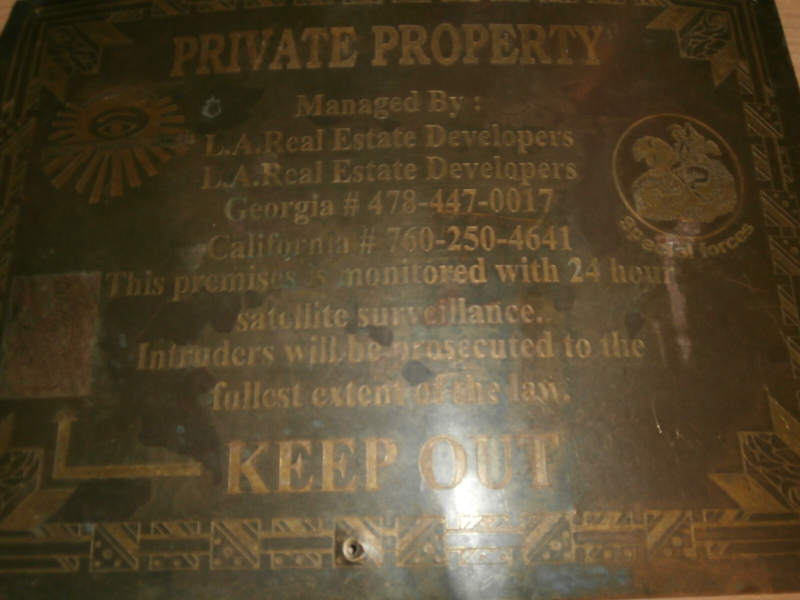 VTG Rare bronze Sign, Very Intricate Etched design “Private Property” Keep Out