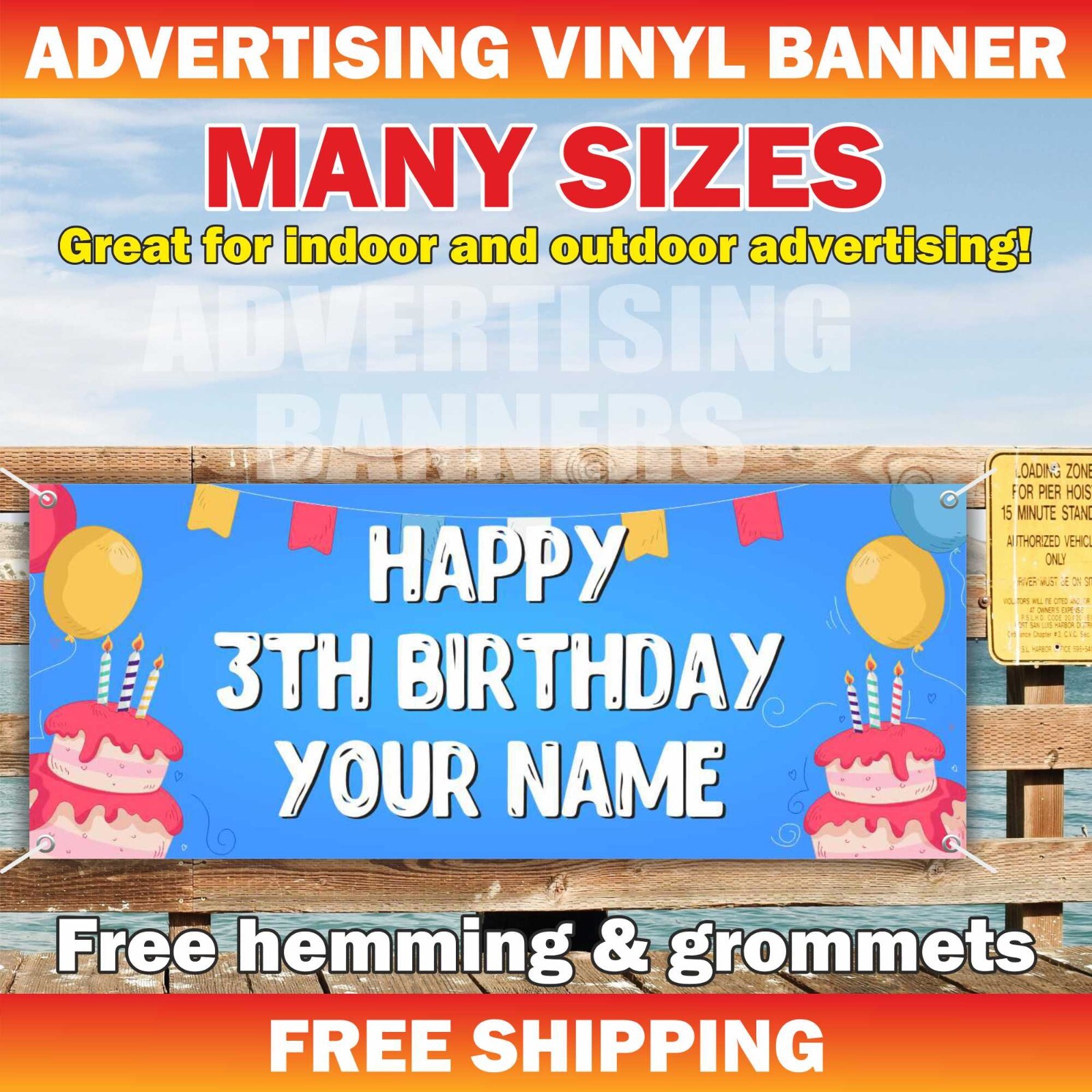 Happy 3th Birthday Advertising Banner Vinyl Sign Custom Name Text Event Holiday