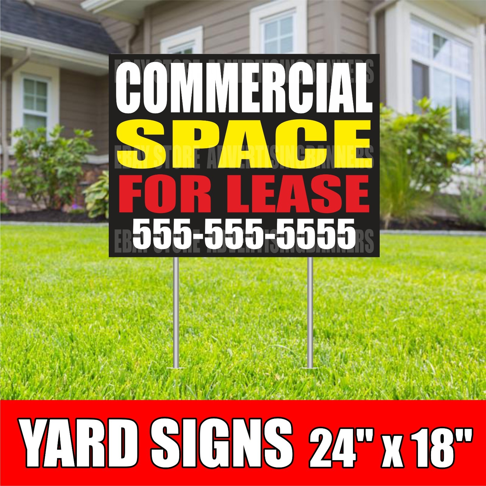 COMMERCIAL SPACE FOR LEASE Yard Sign with H-Stakes Lawn Sign Rent Custom Phone