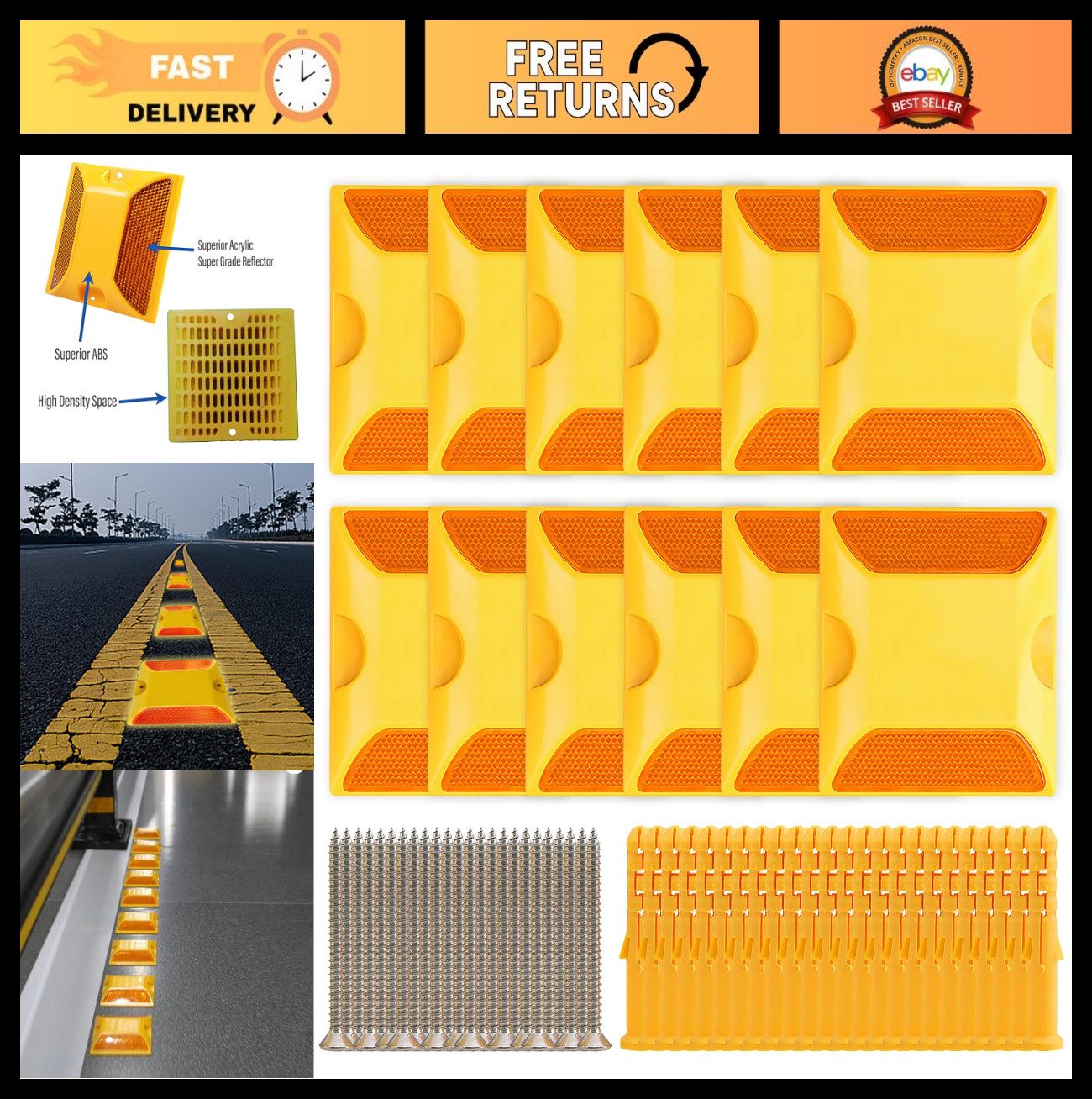 12-Pack Reflective Lane Markers – 4×4 Inch Road Reflectors for Bumps, Sidewalks