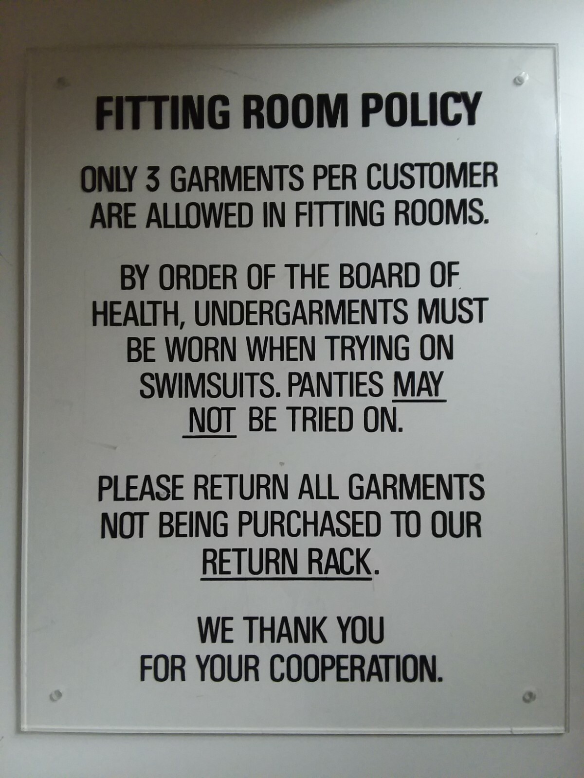 Fitting Room Policy Clear Acrylic Wall Plaque Sign 11×14 Pre-drilled Holes