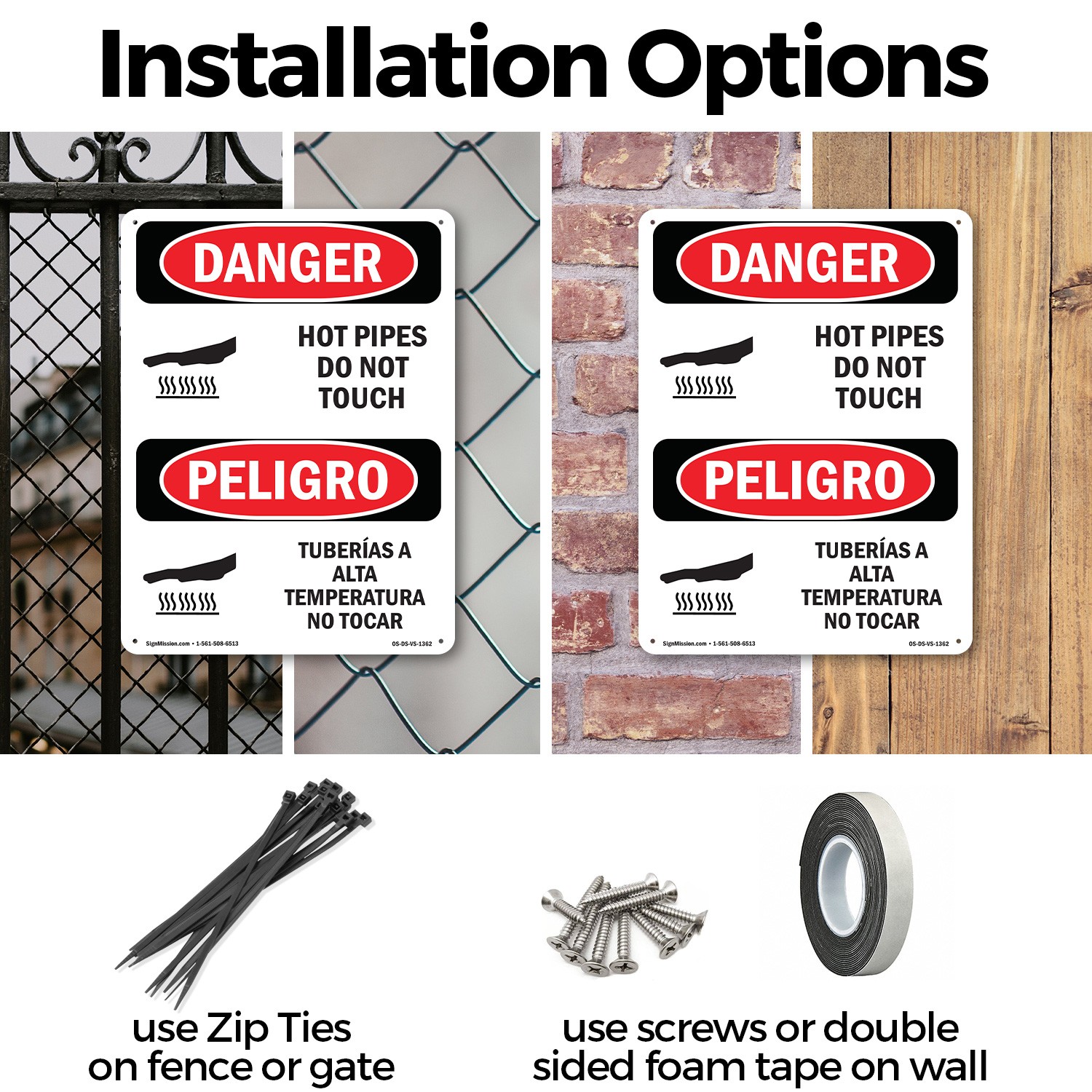 Hot Pipes Do Not Touch Bilingual OSHA Danger Sign Metal, Decal – 5 or 10 Pack
