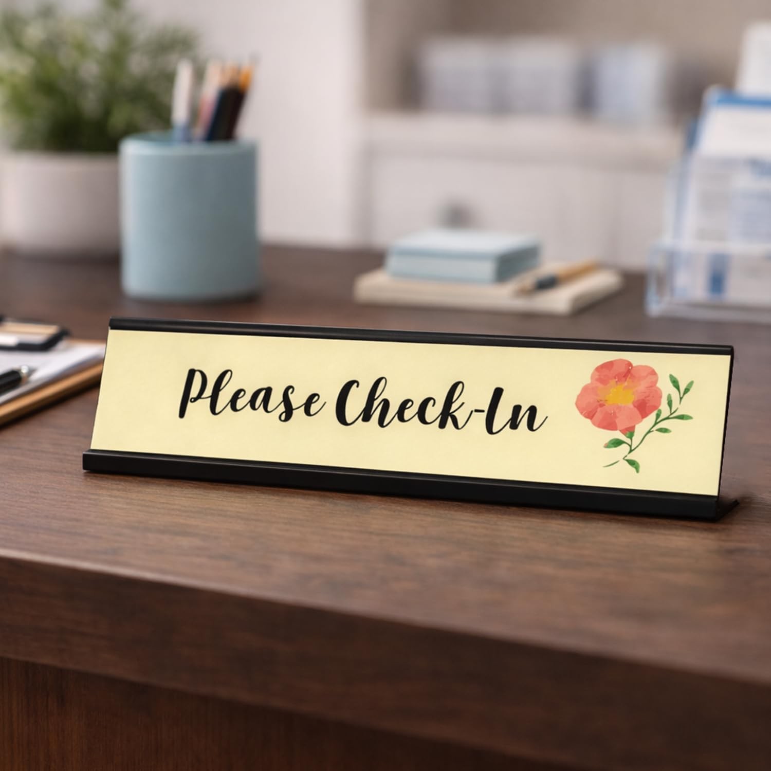 Please CheckIn Designer Desk Sign 2×8 Inch Office Counter Display Plaque