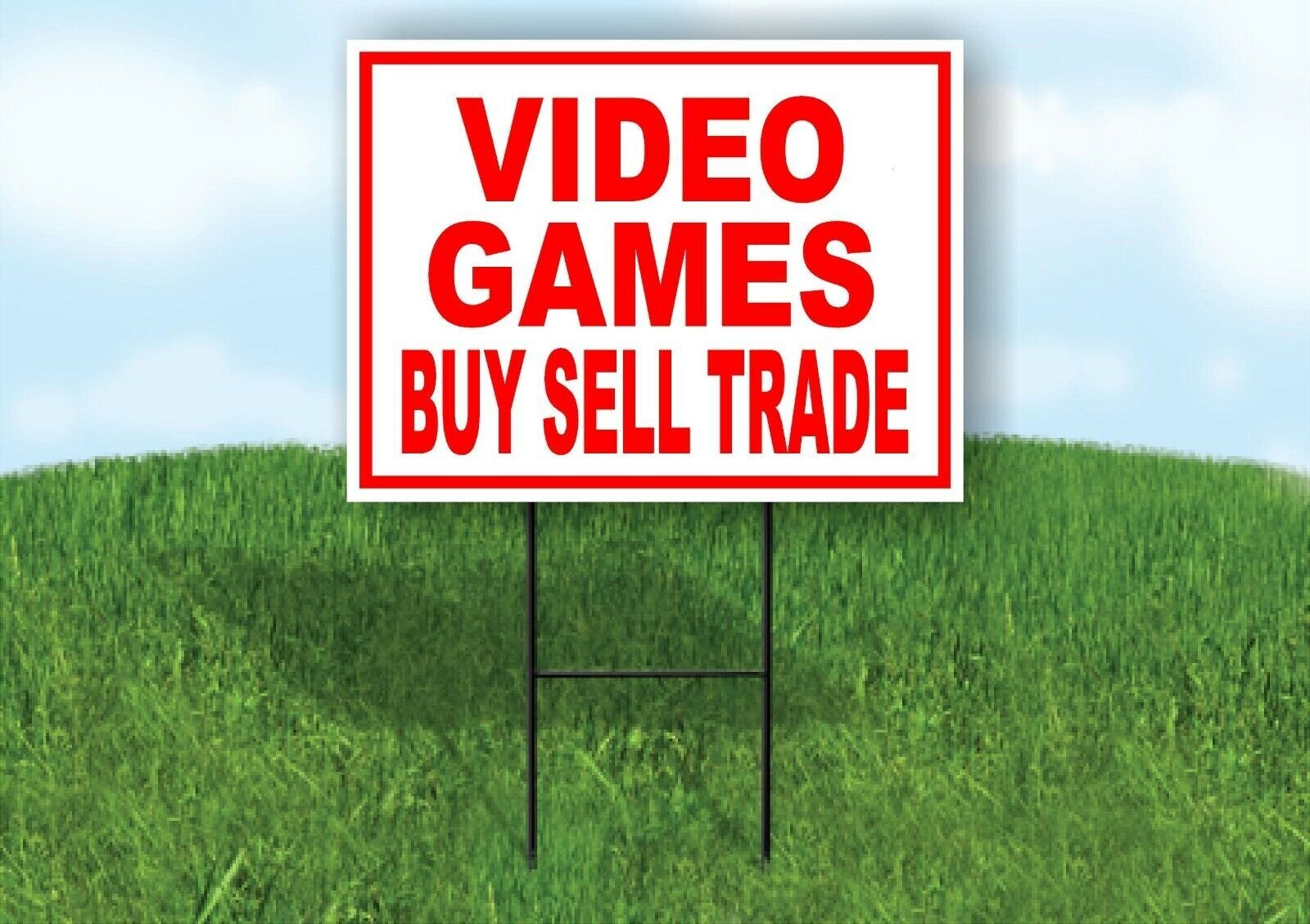VIDEO GAMES BUY SELL TRADE RED WHITE Yard Sign Road with Stand LAWN SIGN