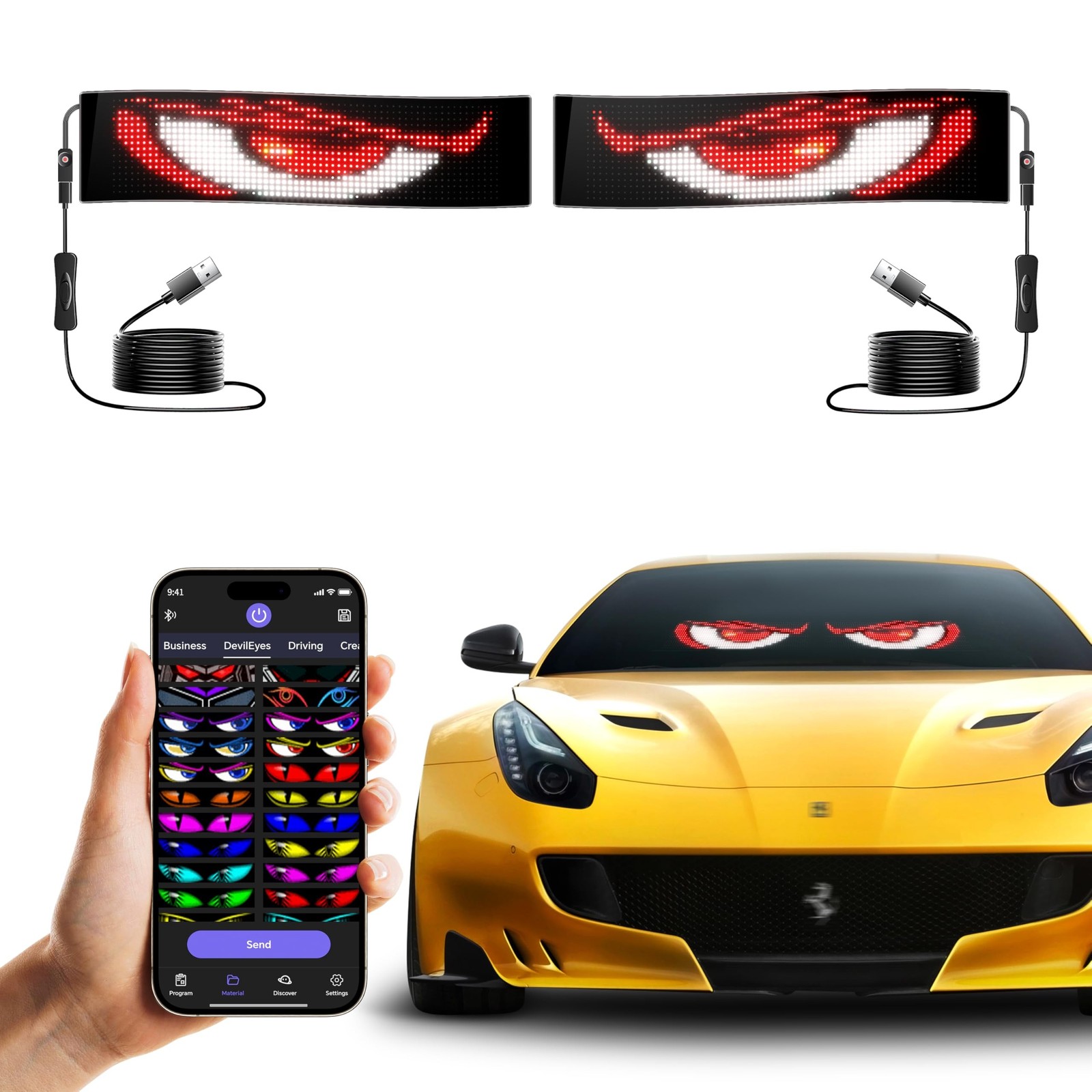 LED Sign for Car Devil’s Eyes Light for Windshield APP Control Scrolling Disp…
