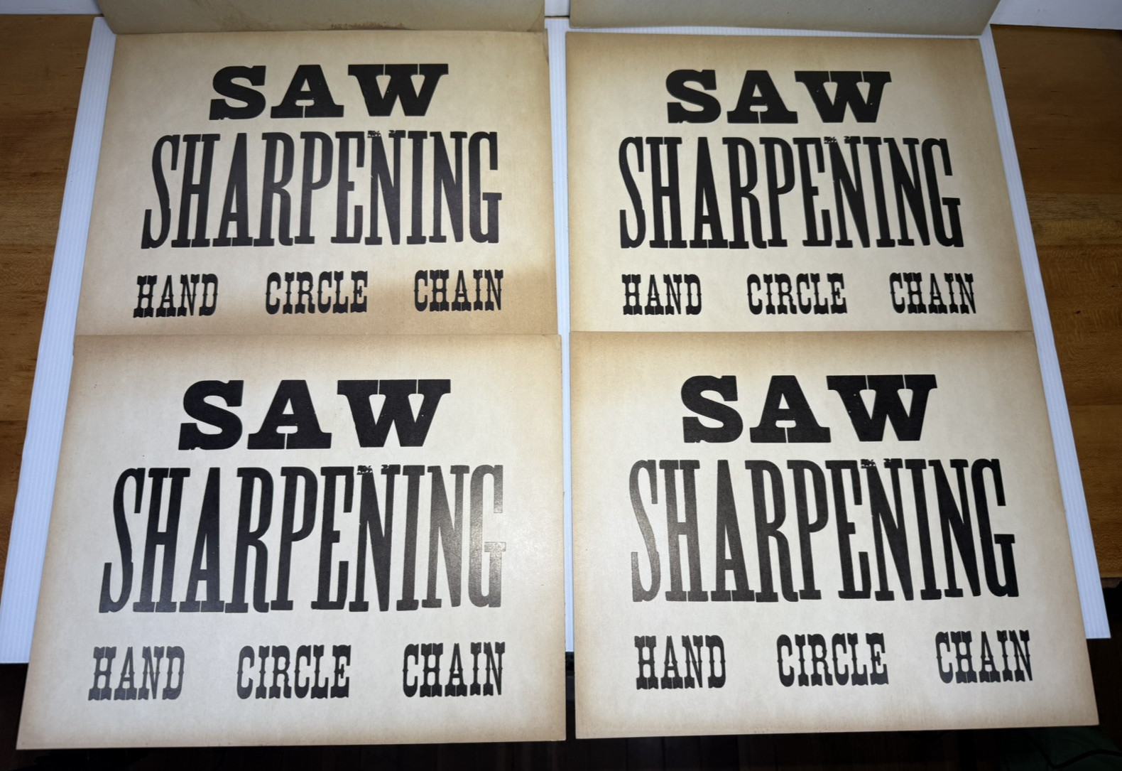 Vintage “Saw Sharpening” Business Signs 14″x 11″ Set Of 7 – RARE Western Style
