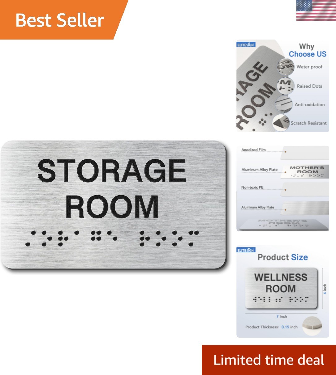 Storage Room Signs with Raised Text & Grade 2 Braille, Brushed Aluminum/Silve…