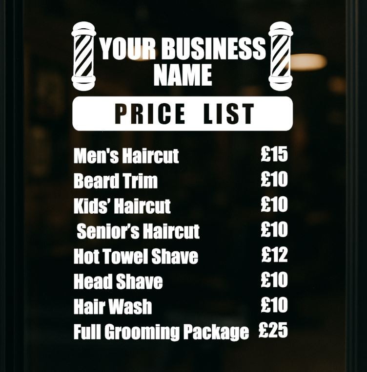 Price List Personalised Barber Shop Sticker Sign Vinyl Window Wall Decal