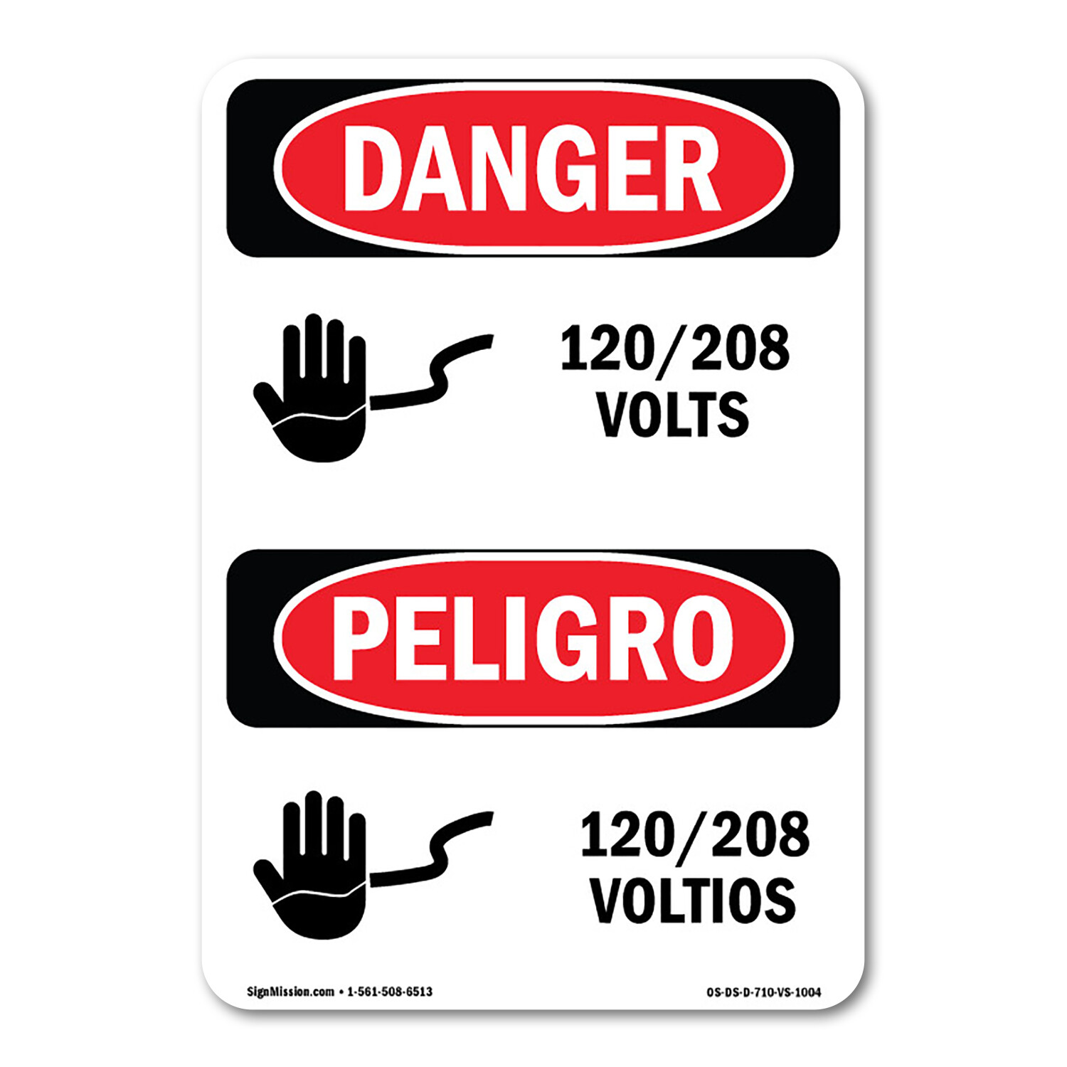 120 208 Volts Bilingual ANSI Danger Sign Metal Plastic Decal