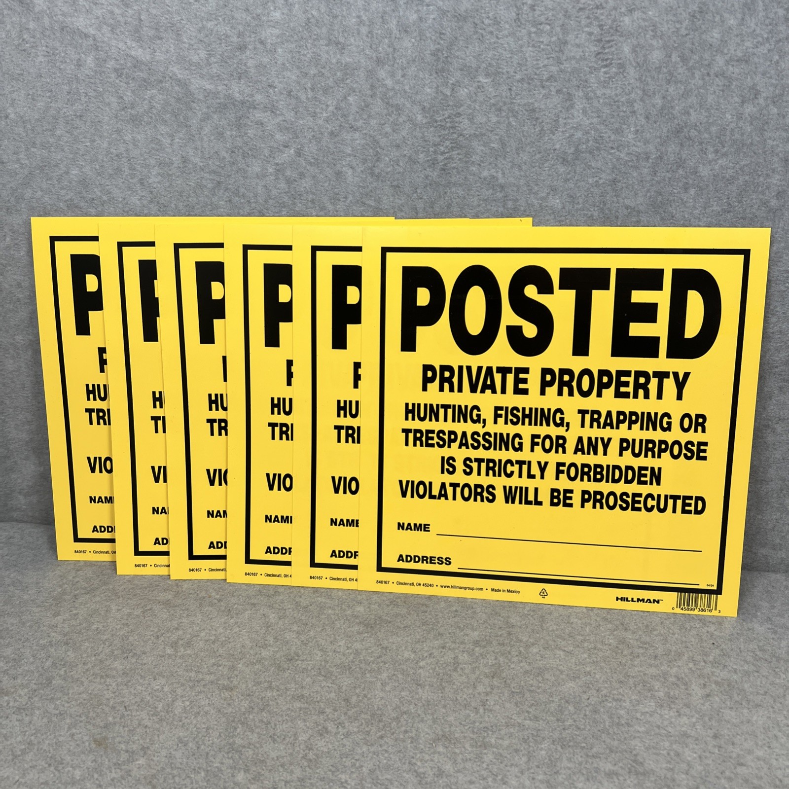 Lot of 6 POSTED PRIVATE PROPERTY Signs Hillman 840167 11″x11″ Yellow Plastic