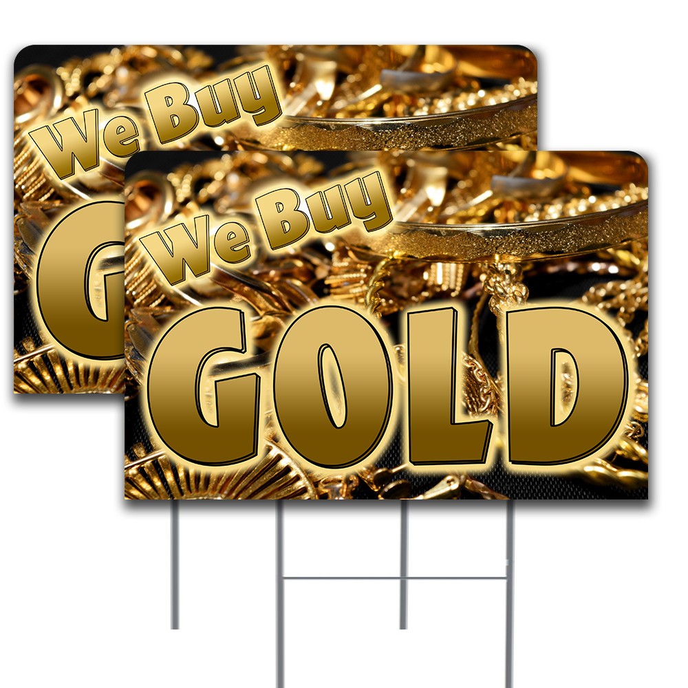We Buy GOLD 2 Pack Double-Sided Yard Signs 16″ x 24″ with Metal Stakes (Made in