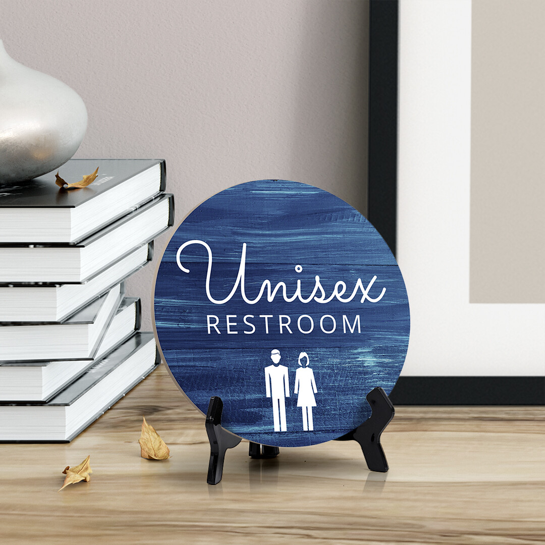 Round Unisex Restroom, Bathroom Table Sign with Acrylic Easel (5 x 5″)