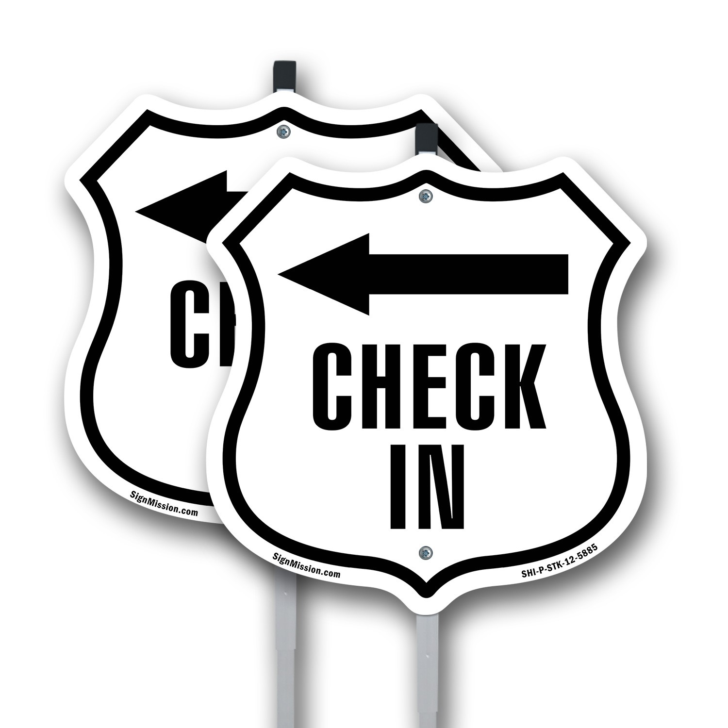 Check-In Left Shield Shaped Sign With Stake Weather Resistant Crafted in the USA