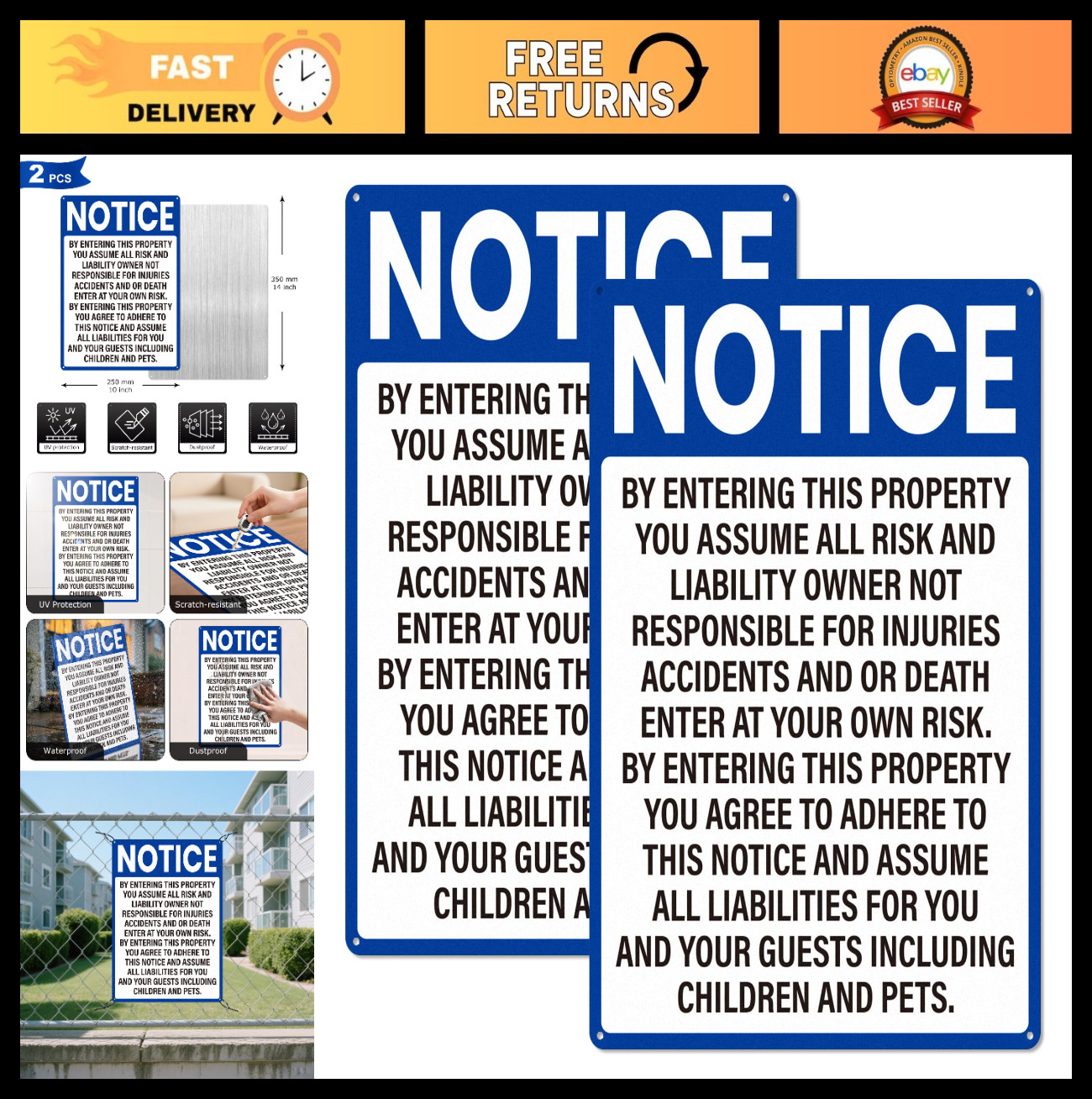 2 Pack 10″x14″ Blue Warning Sign – Not Responsible for Accidents, Rust-Free Alum