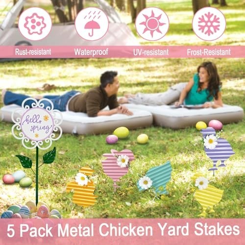 Easter Outdoor Decorations – 6 Pack Metal Chicken Flower Yard Stakes, Spring Gar