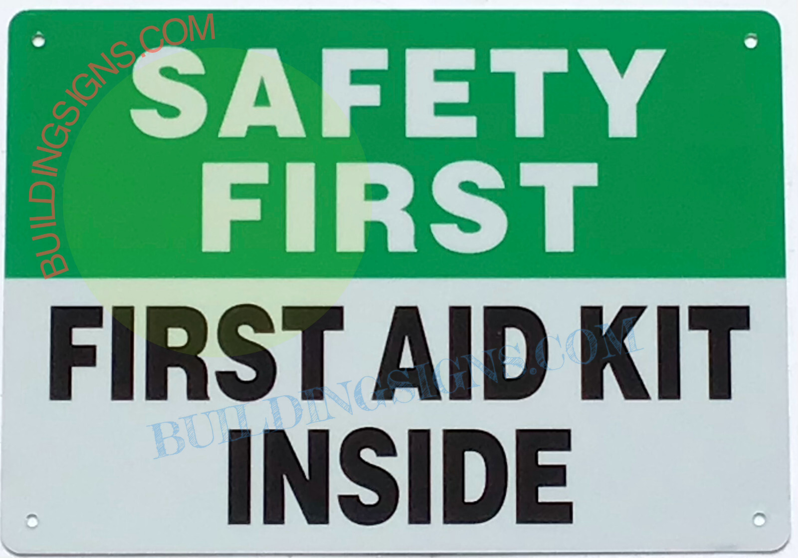 FIRST AID KIT INSIDE SIGN (7X10 White/GREEN, Aluminum)-REF24-1027