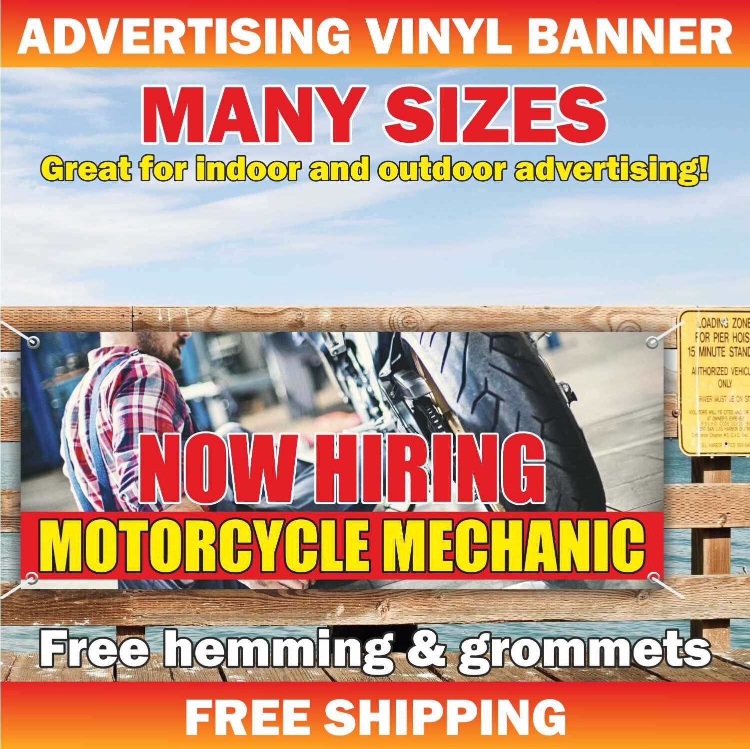 NOW HIRING MOTORCYCLE MECHANIC Advertising Banner Vinyl Sign Help Wanted