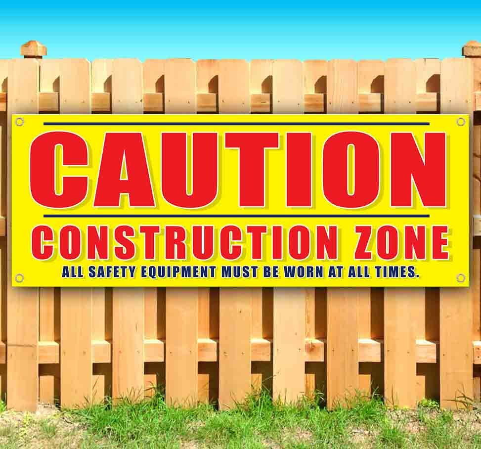 CAUTION CONSTRUCTION ZONE Advertising Vinyl Banner Flag Sign Many Sizes WARNING