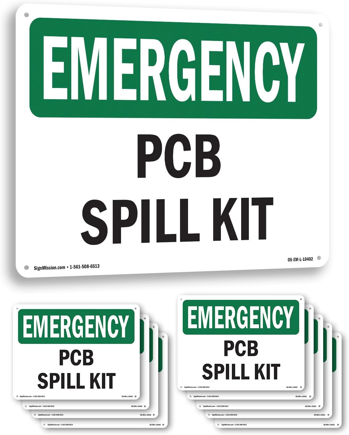 PCB Spill Kit OSHA Emergency Rigid Plastic Sign 18 Inch X 12 Inch – 10 Pack