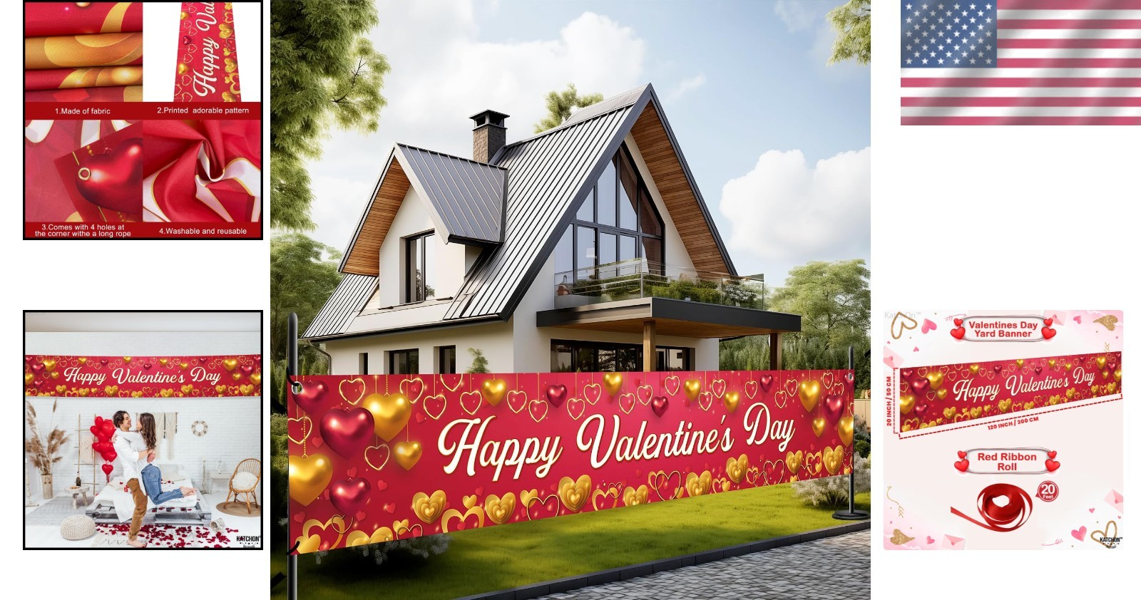 Valentines Day Outdoor Banner 120×20 Inch Colorful Heart Design for Celebrations