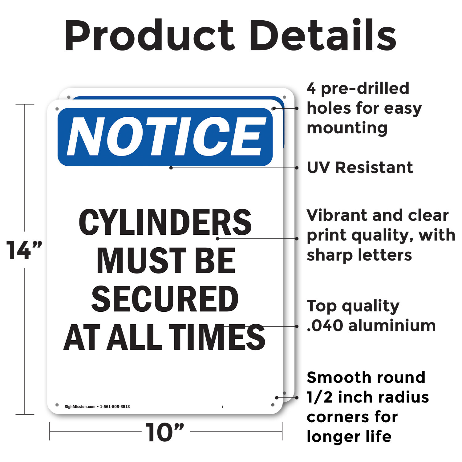 (2 Pack) Cylinders Must Be Secured At All Times OSHA Notice Sign Decal Metal
