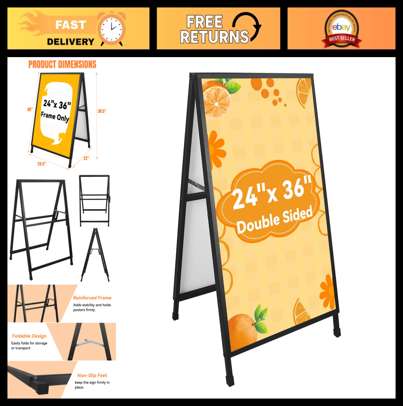 Heavy Duty Double-Sided A-Frame Sidewalk Sign 24×36 Inch Foldable Metal Board