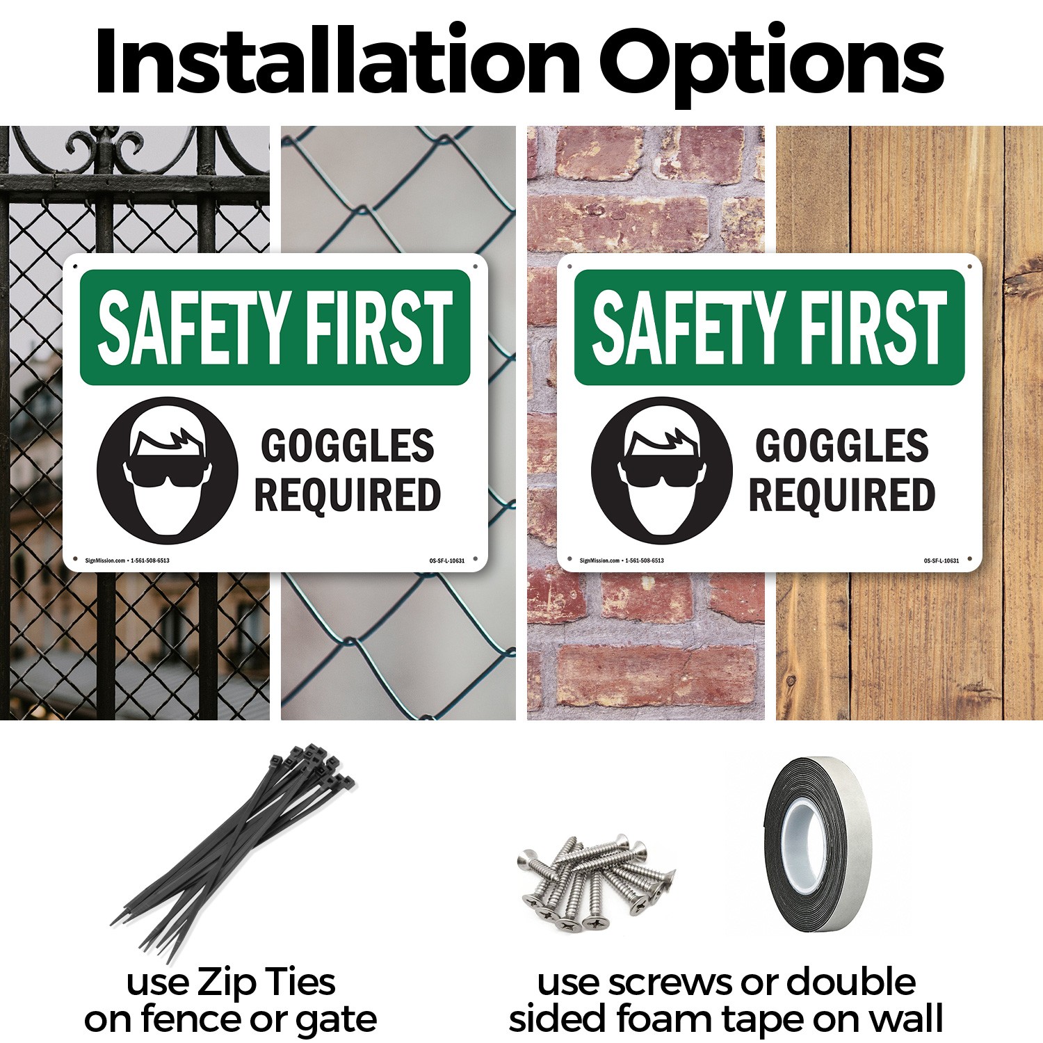 Goggles Required With Symbol OSHA SAFETY FIRST Sign Metal, Decal – 5 or 10 Pack