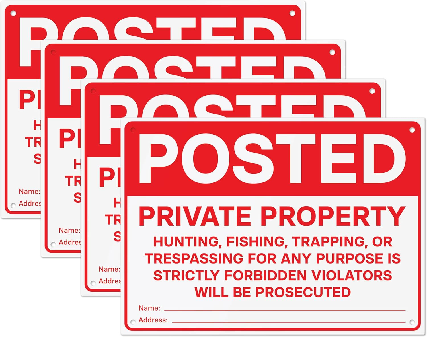 Posted Private Property Signs 4 PK | No Hunting No Trespassing PVC Signs with Mo