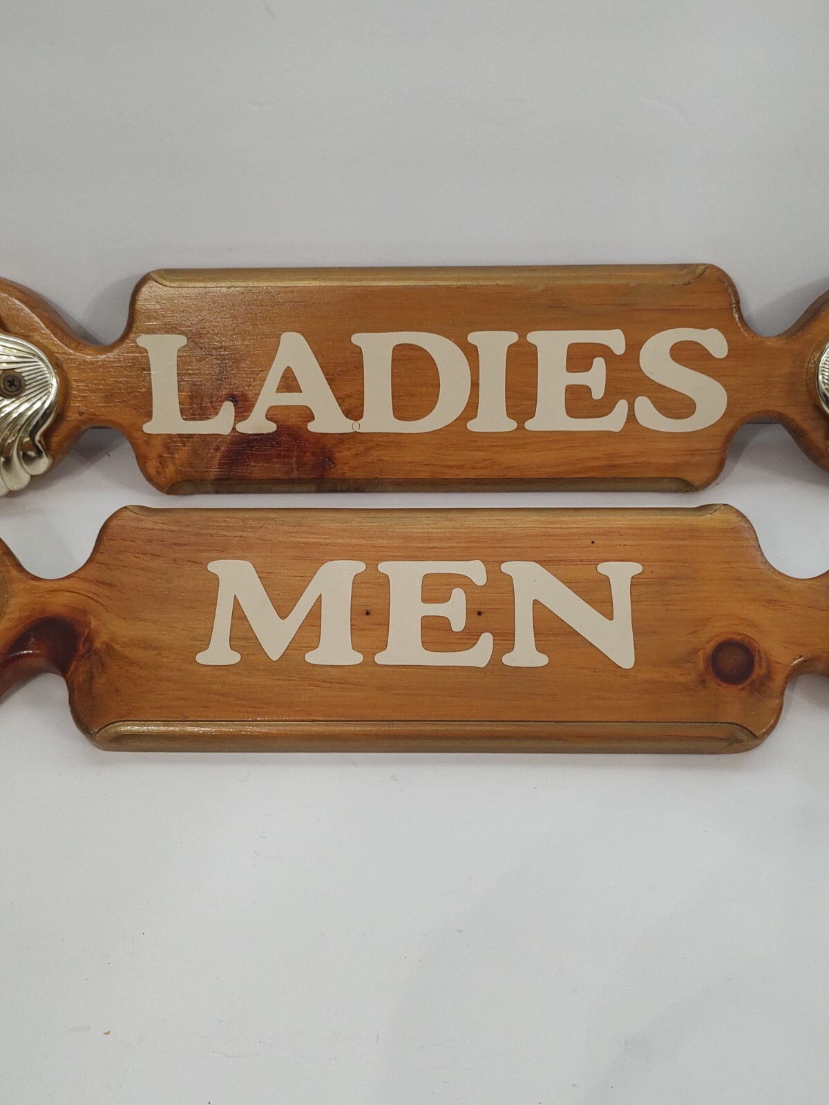 Custom Set of 2 Handmade Wood Bathroom Signs Ladies and Men Metal Shell Design