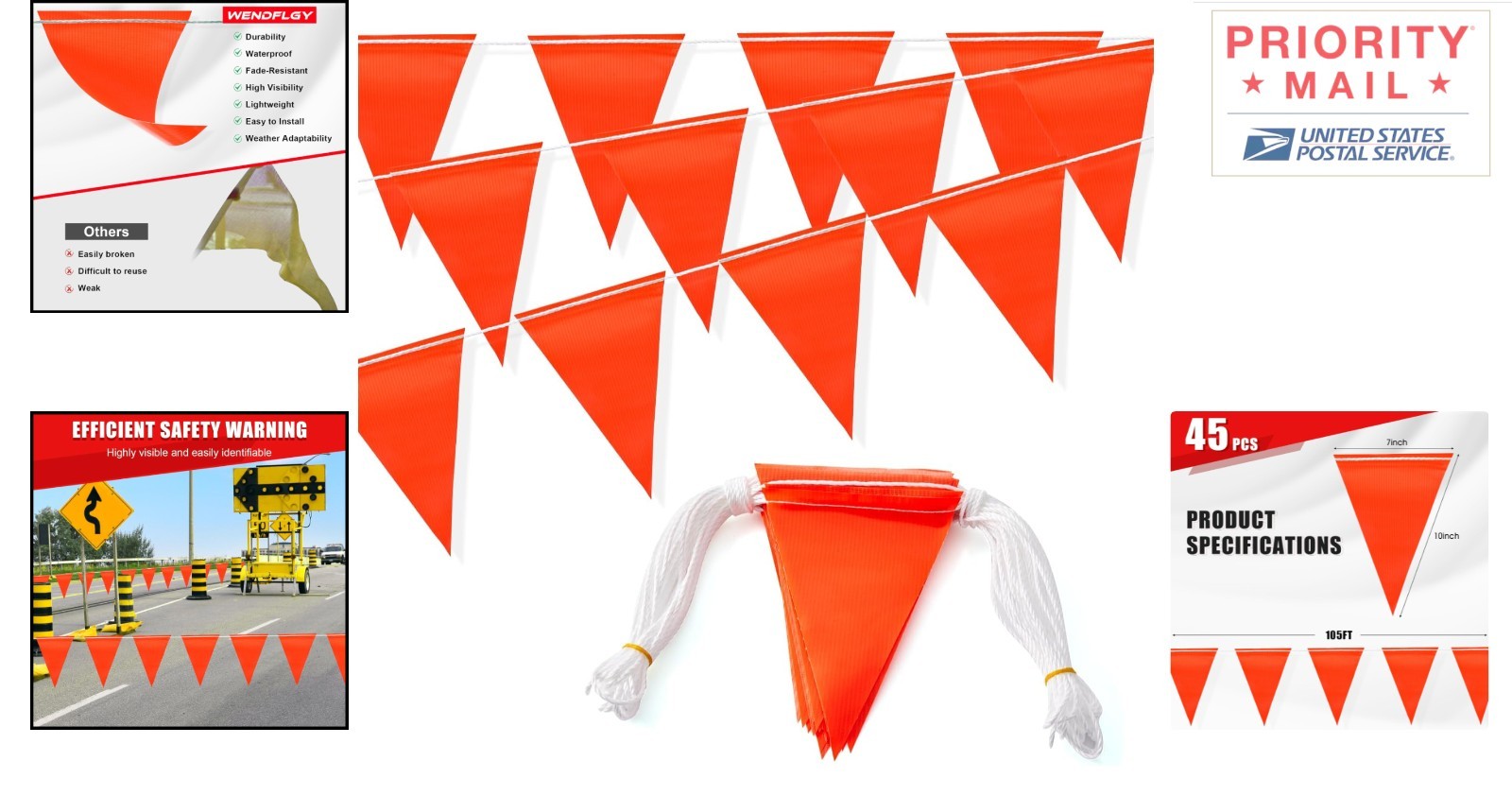 Traffic Control Triangle Flags 105FT 45pcs Orange Pennant Banner for Outdoor Use