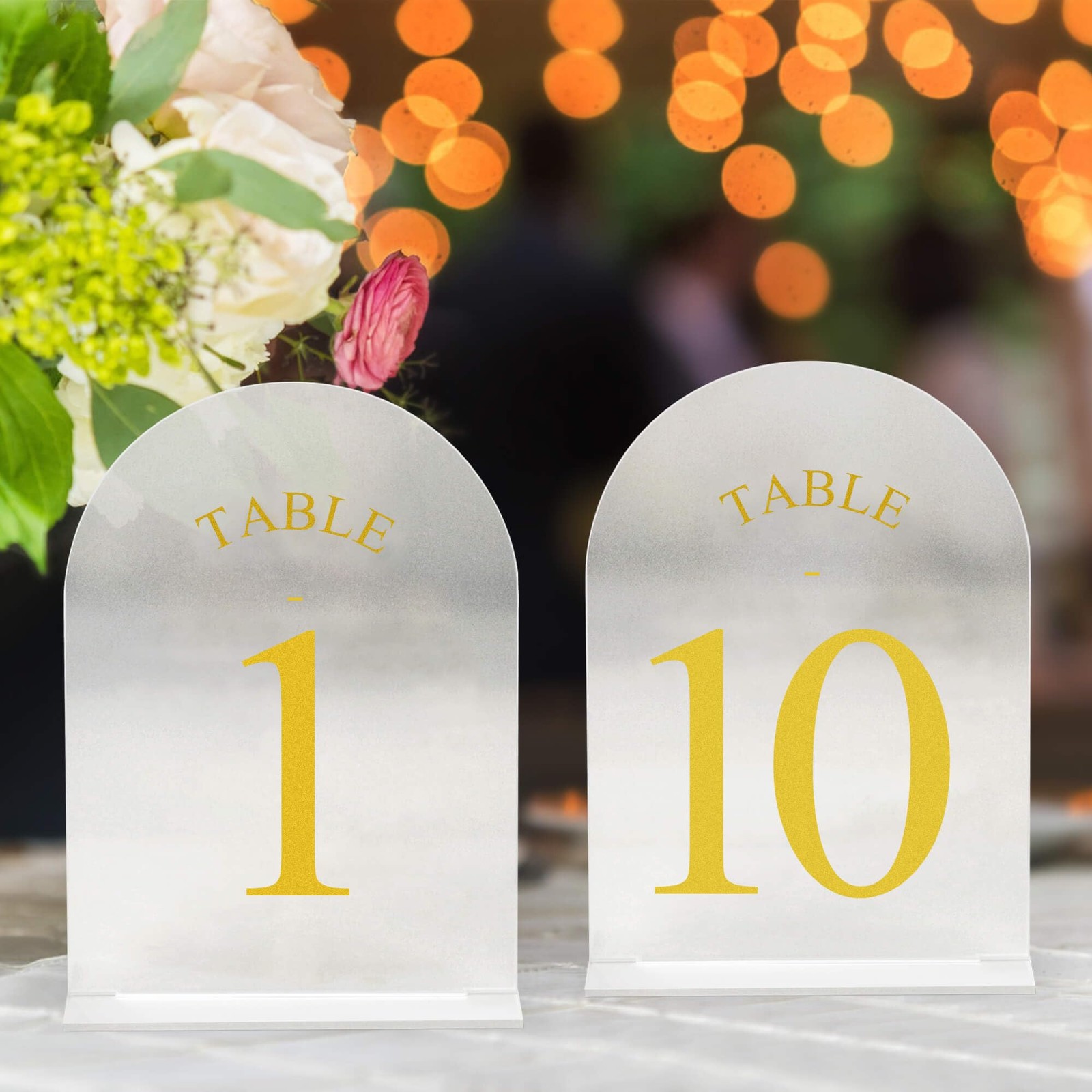 1-10 Frosted 5×7 Acrylic Arch Table Numbers, Gold Stands, Wedding, Holders