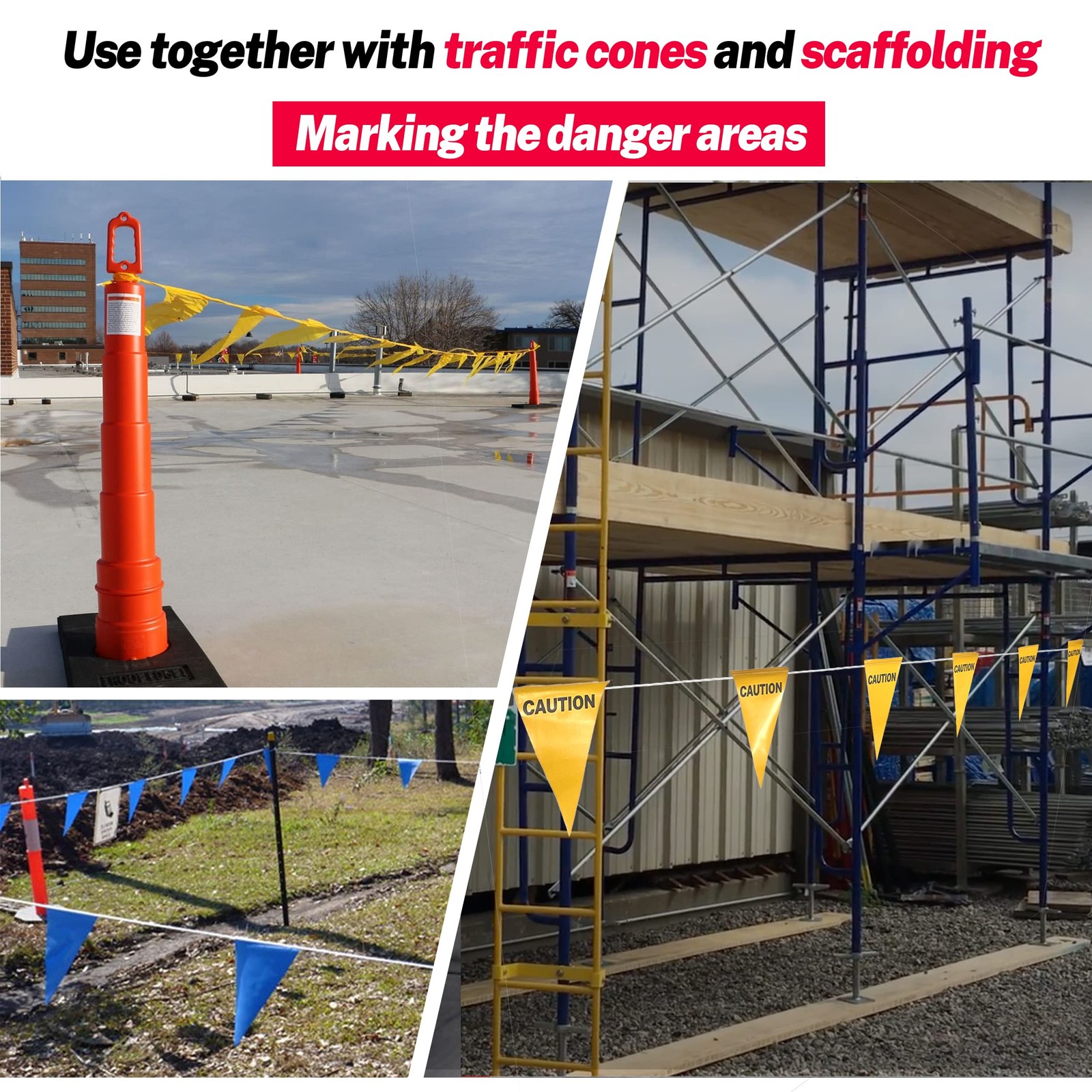 102FT Caution Barricade Flags String, Hazardous Area, Traffic Control, Red