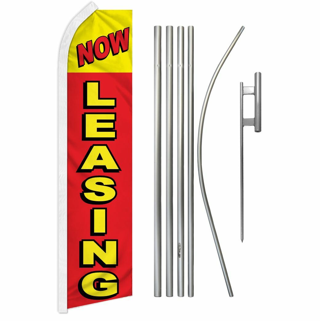 “NOW LEASING” Advertising Super Flag & Pole Kit red & yellow for lease rent