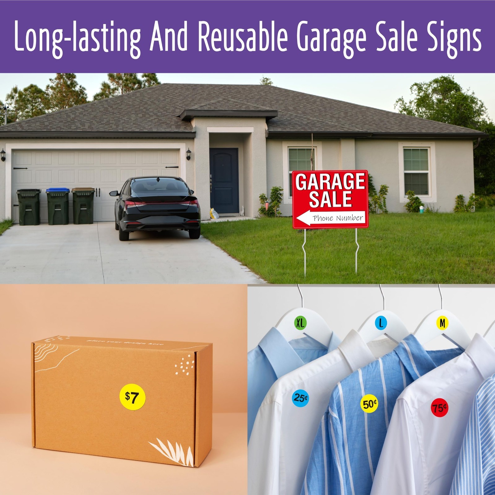 3PCS Double-Sided Garage Sale Signs with 6 Metal Stakes & 960 Price Labels – Flu