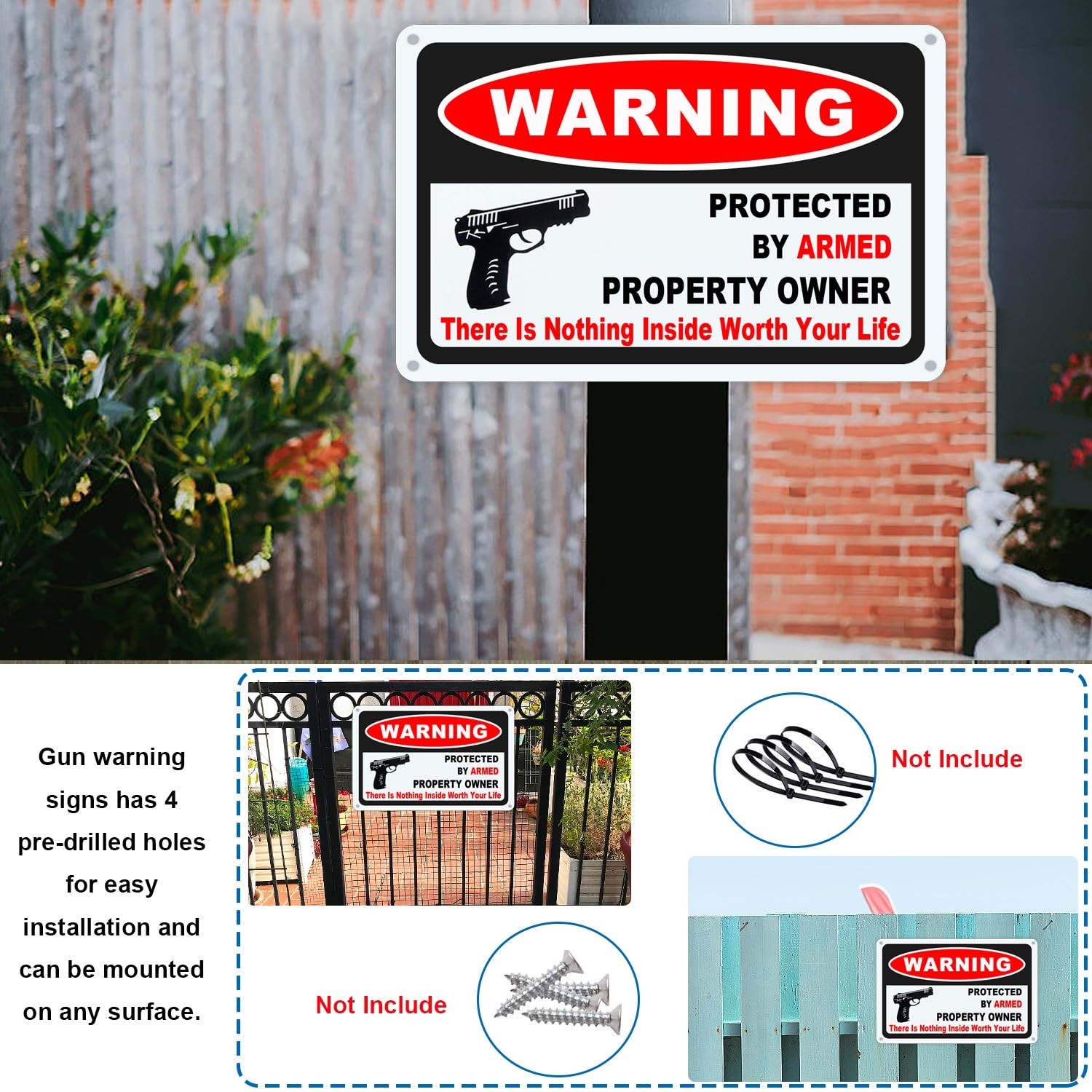 3Pack Gun Sign for Home Security 10×7 inch Warning Signs for Home Property Ru