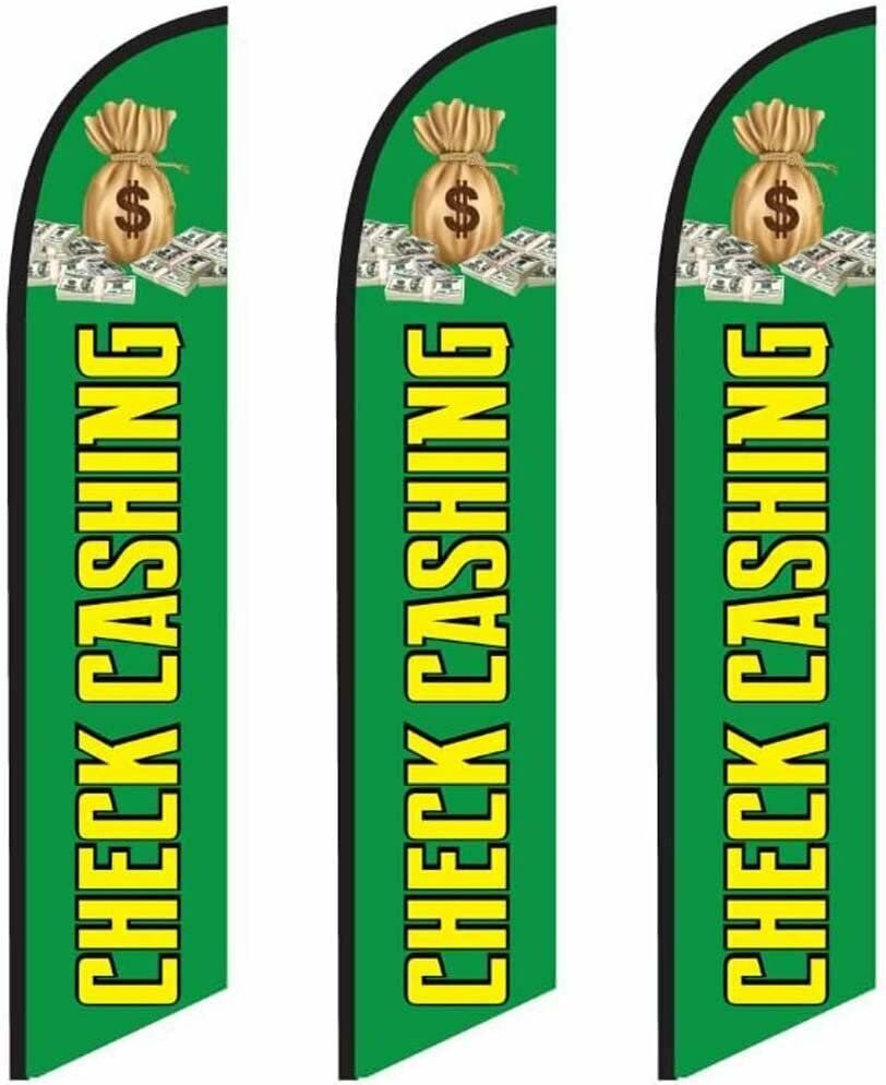 3 (three) Pack Tall Swooper Flags Red with Yellow Text CHECK CASHING