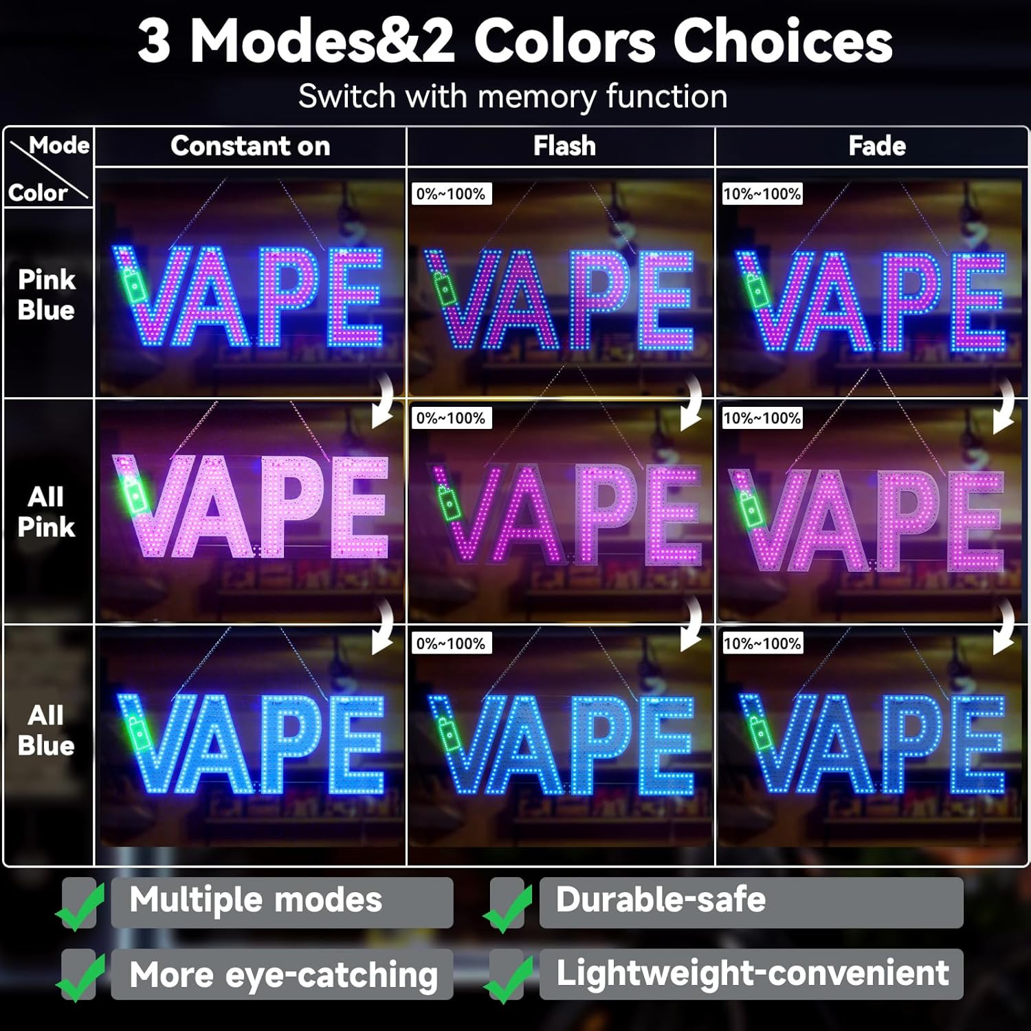 Dimmable LED VAPE Sign for Smoke Shops – 30″x10″ High Visibility Display