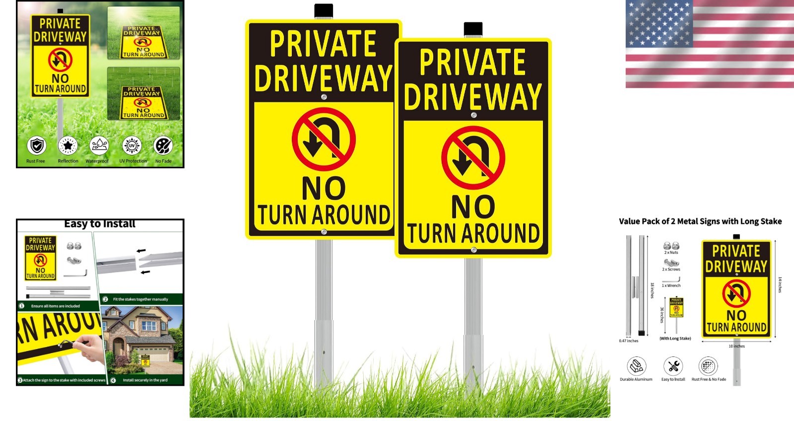 Durable Yellow No Turn Around Signs – 2 Piece Set, 14×10 Aluminum Stake Signs