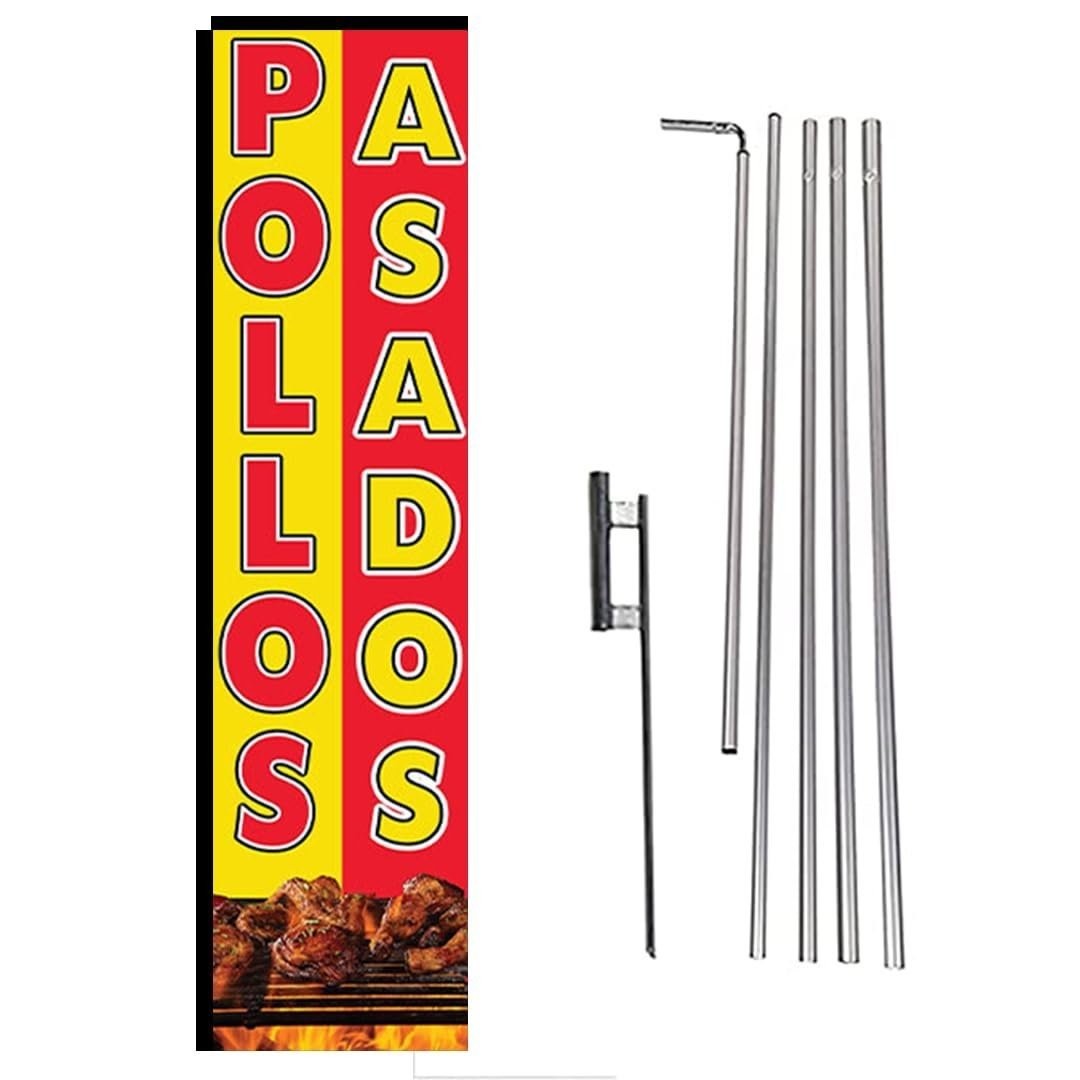 Pollos Asados Rectangle Feather Banner Flag Sign with 15′ FT Pole Kit and…