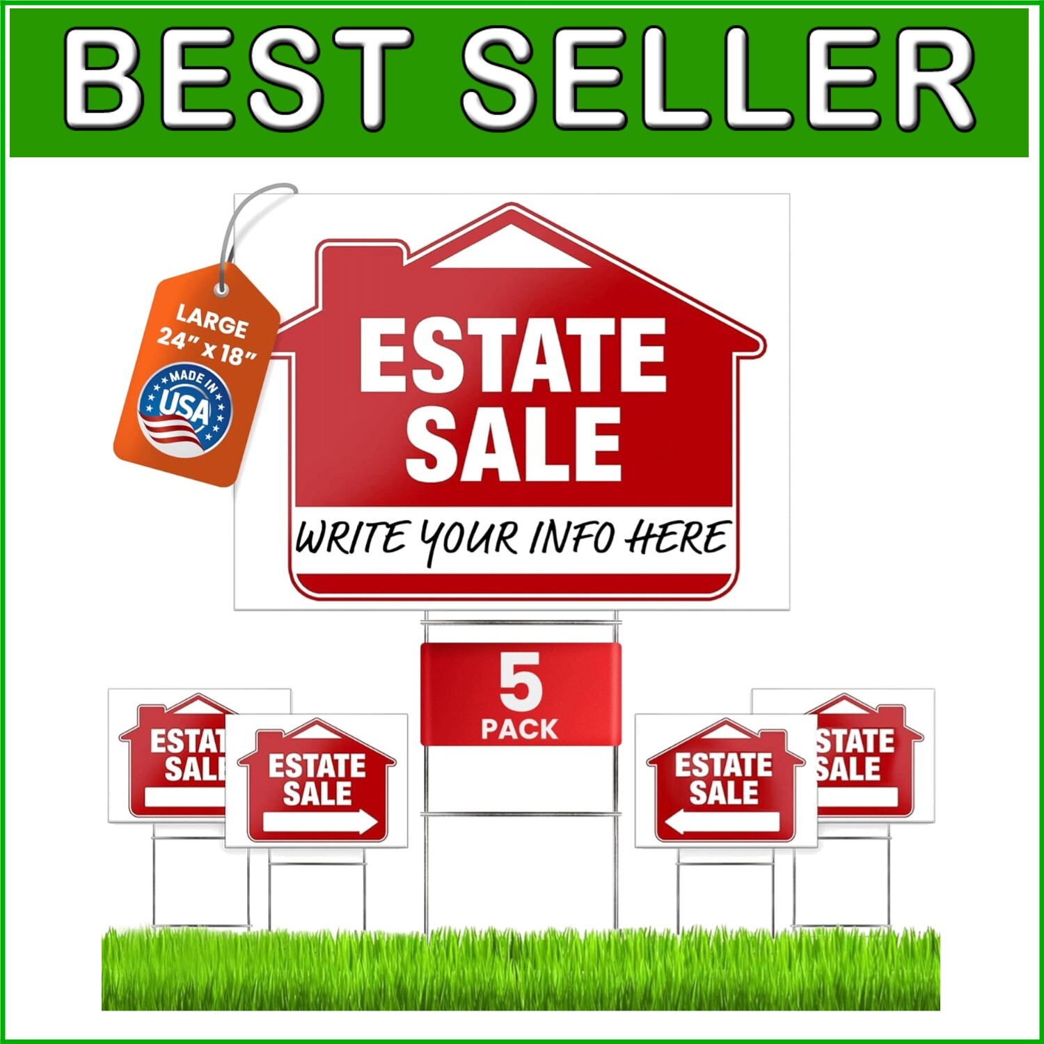 Directional Estate Sale Signs 5 Pack 24″ x 18″ Double-Sided with Steel Stakes