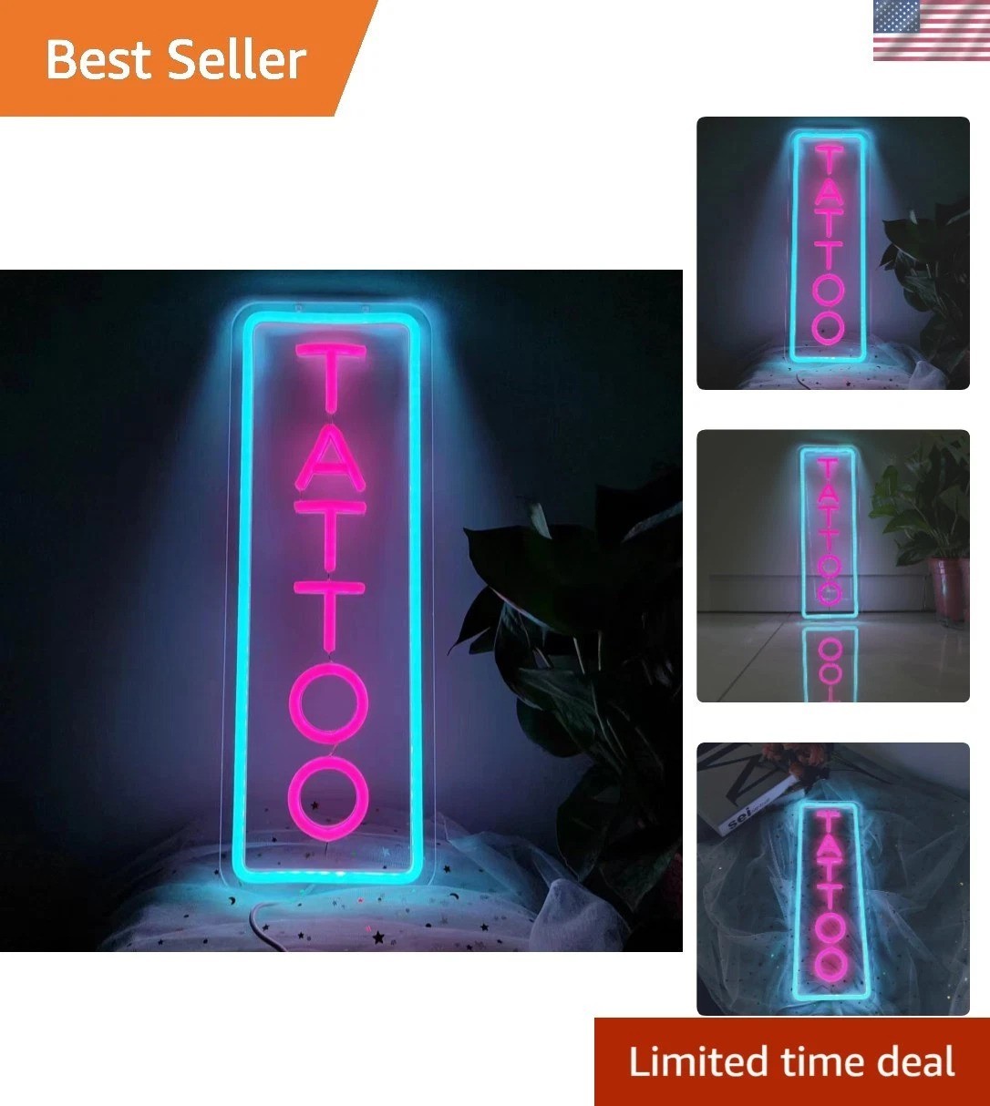 Elegant Ice Blue and Pink Tattoo Neon Sign – Dimmable LED, Wall-Mount, 16×5.9in