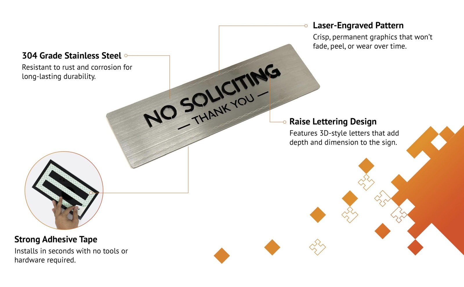 No Soliciting Sign Stainless Grade 304 Raised Letters Ultra Strong 3M Adhesive